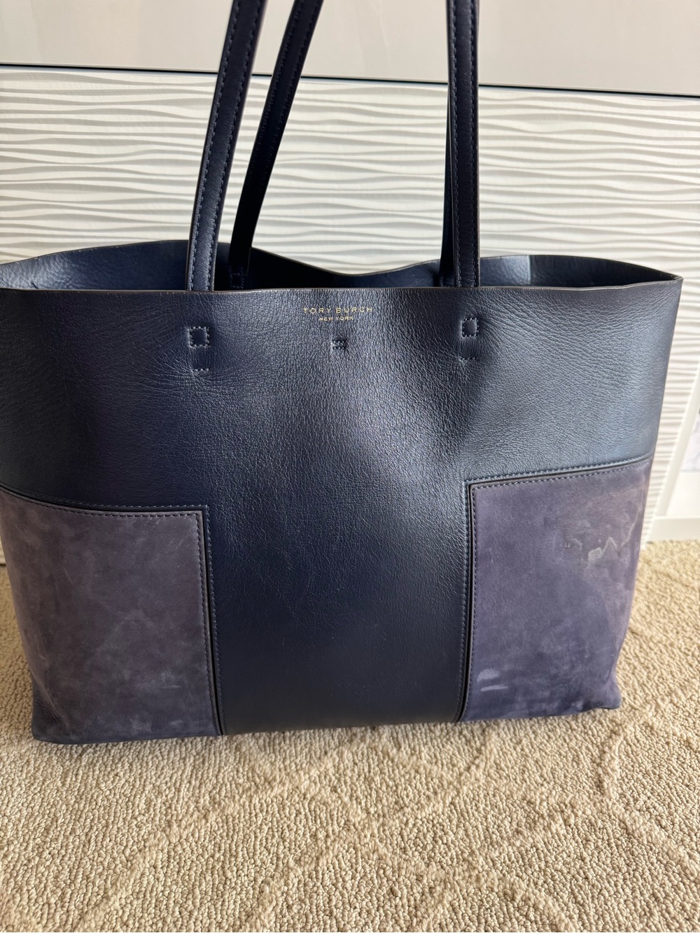 Tory Burch Navy Leather & Suede Two-Tone Tote